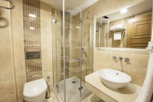 a bathroom with a shower and a toilet and a sink at Hotel Ney in Konya