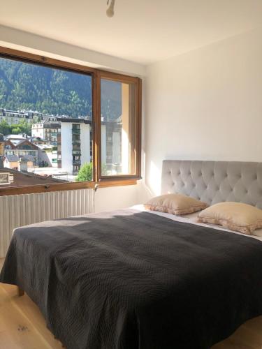une chambre avec un grand lit avec une grande fenêtre dans l'établissement Appartement Oliver, à Chamonix-Mont-Blanc