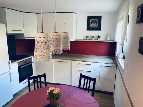 a kitchen with a table and chairs in a kitchen at Apartma KAMNITNK in Škofja Loka