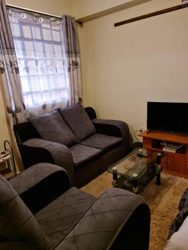 a living room with a couch and a tv at Cozy Spacious Studio Apartment close to Town in Nanyuki