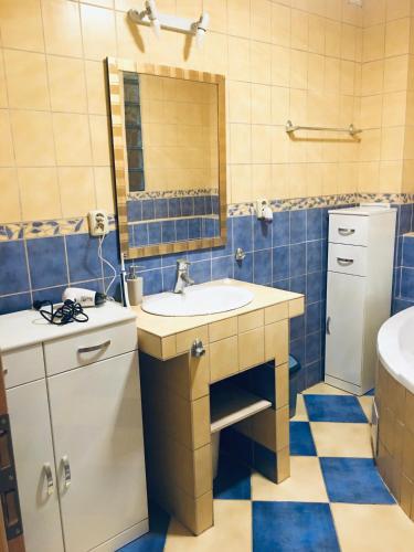 une salle de bain avec un lavabo et un miroir dans l'établissement apartmán MONYA, à Turčianske Teplice