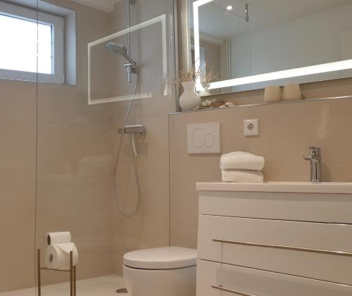 uma casa de banho com um chuveiro, um WC e um lavatório. em Inseltor em Niebüll