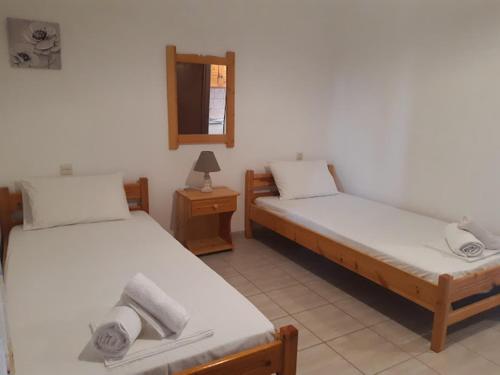 two twin beds in a room with a mirror at Skiathos Maria Apartments in Skiathos Town