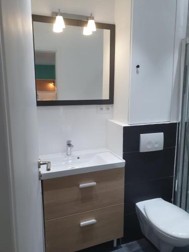 a bathroom with a sink and a toilet and a mirror at Superbe logement proche de CDG- Parc d'expo- Paris in Aulnay-sous-Bois