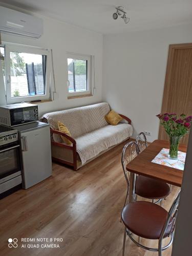 ein Wohnzimmer mit einem Sofa und einem Tisch in der Unterkunft Domki pod Sosnami in Międzychód