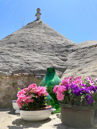 two pots of flowers and a large green bottle at Don Ciccio Capashome in Ceglie Messapica