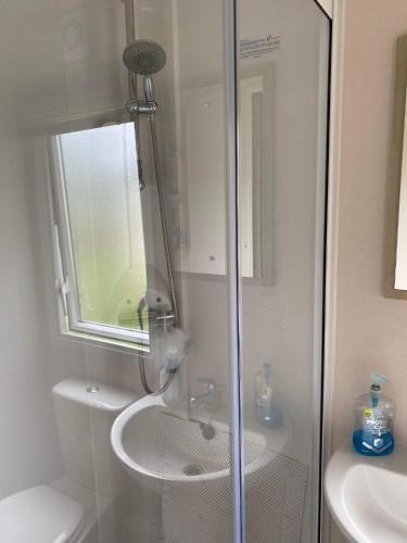 a shower in a bathroom with a toilet and a sink at 32 Elm Walk in Whitley Bay