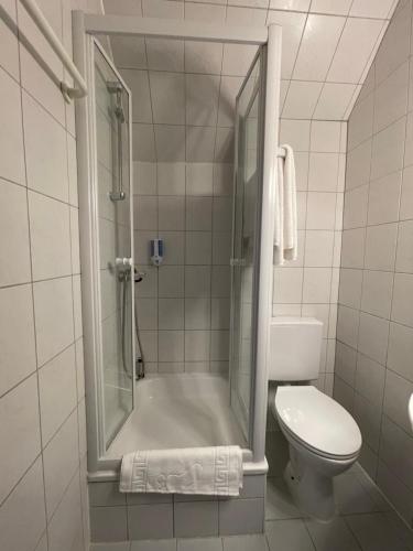 a bathroom with a shower and a toilet at Hotel Casa Andalucia in Hallbergmoos