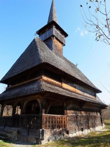 a large wooden building with a roof at Pension Bud in Onceşti