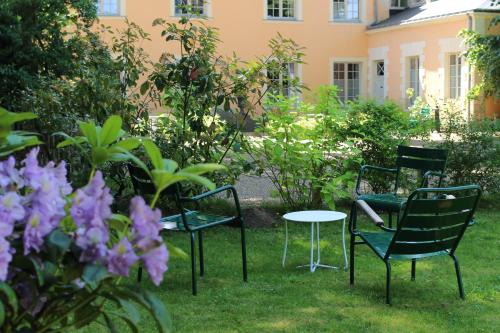 eine Gruppe von Stühlen und einem Tisch in einem Garten in der Unterkunft Hôtel Le Gentleman in La Flèche
