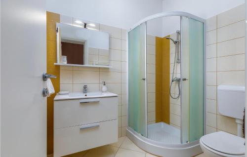 uma casa de banho com um chuveiro, um WC e um lavatório. em Pet Friendly Home In Rovinj With Kitchen em Rovinj