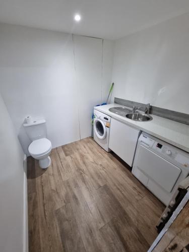 a bathroom with a sink and a washing machine at Beautiful 2 bedroom home with private bar below in Ystradgynlais