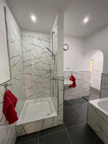 uma casa de banho com um chuveiro e um lavatório. em Apartment HomeBo em Bochum