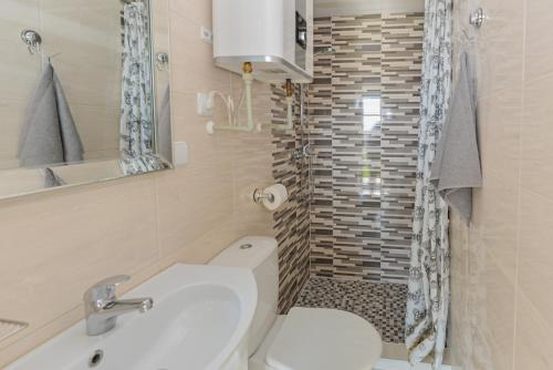 a bathroom with a toilet and a sink and a shower at Volunge house in Doškonys