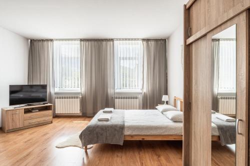 a bedroom with a bed and a tv and windows at Apartamenty INTERDOM in Zakopane