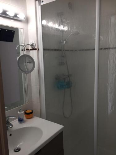 łazienka z prysznicem, umywalką i lustrem w obiekcie T3 FRONT DE MER LACANAU OCEAN - 22m2 TERRASSE -2 PISCINES -WIFI-PARKING w mieście Lacanau-Océan