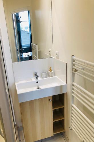 une salle de bain avec un lavabo blanc et un miroir dans l'établissement Studio lumineux Saint-Ideuc à 1km de la plage, à Saint-Malo