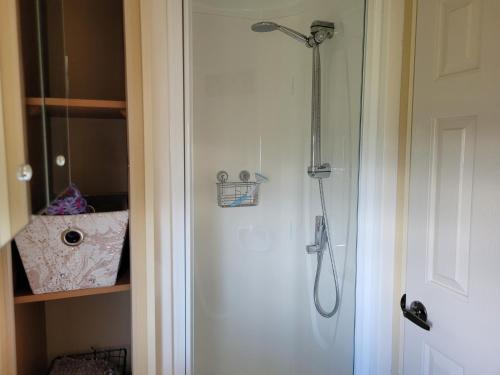 a shower with a shower head in a bathroom at 6 Berth on Millfields (Baysdale Super) in Ingoldmells