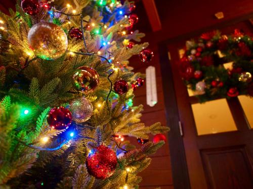 a christmas tree with christmas lights on it at Okushiga Lodge Yama no Manimani in Yamanouchi