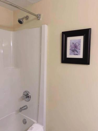 a bathroom with a shower and a picture on the wall at MountainView Hotel Merritt in Merritt