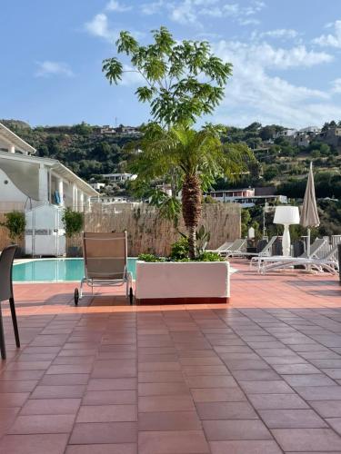 a patio with a palm tree and a chair at Hotel Villa Cute - HVC in Lipari