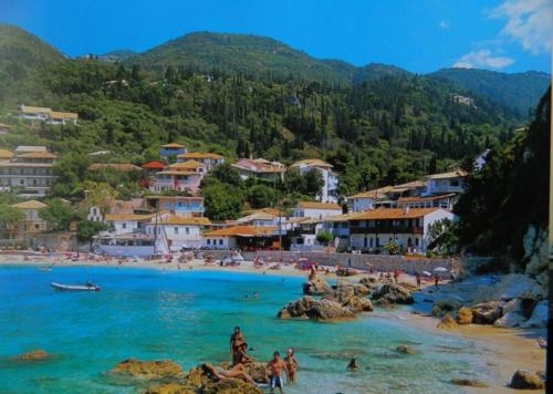 a group of people on a beach in the water at Eolos Apartments with Private Parking in Agios Nikitas