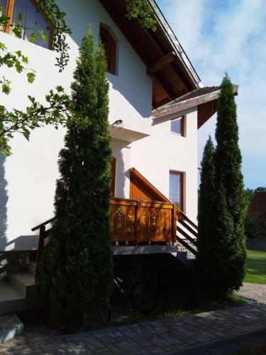 a house with a bike parked in front of it at Casa Lacul Mierlei in Sovata
