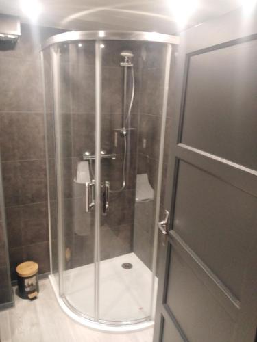 um chuveiro com uma porta de vidro na casa de banho em Superbe appartement neuf T3 6pers 45m2 em Font Romeu Odeillo Via