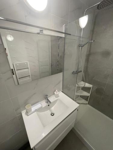 une salle de bain blanche avec un lavabo et une douche dans l'établissement Le Grand DOLLFUS, 90m2 de charme au coeur de ville, à Mulhouse