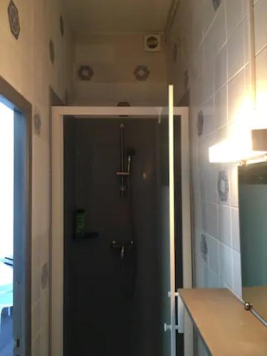 La salle de bains est pourvue d'une douche et d'une porte noire. dans l'établissement Studio 2, à Valenciennes