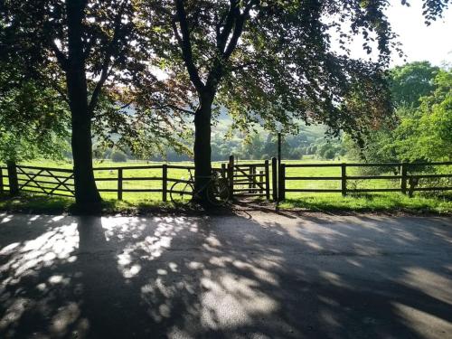 a fence and two trees in front of a field at Hornes Cottage in Longborough