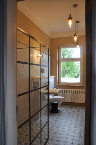 a bathroom with a shower and a toilet and a window at Villa Osterloff in Oderberg