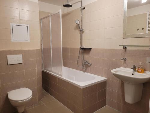 a bathroom with a toilet and a sink and a shower at Apartment Svahova in Karlovy Vary