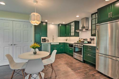 a kitchen with green cabinets and a table and chairs at Breathtaking Views Unique Chimney Rock Cottage! in Lake Lure