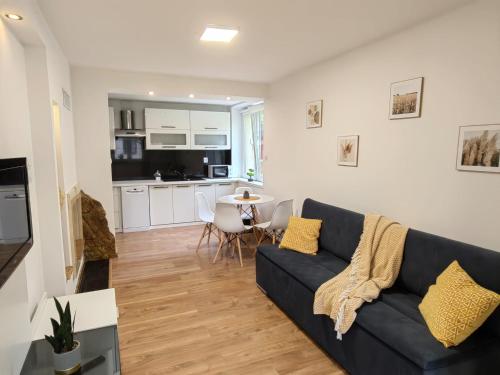 un soggiorno con divano e cucina di Apartament 20tka a Szczawnica