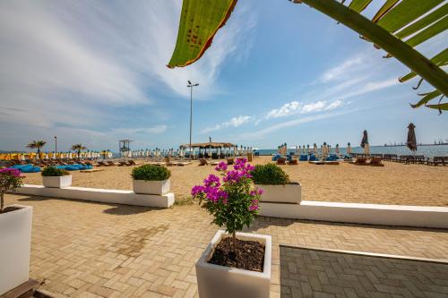 a sandy beach with flowers and umbrellas at Hotel Zen in Durrës