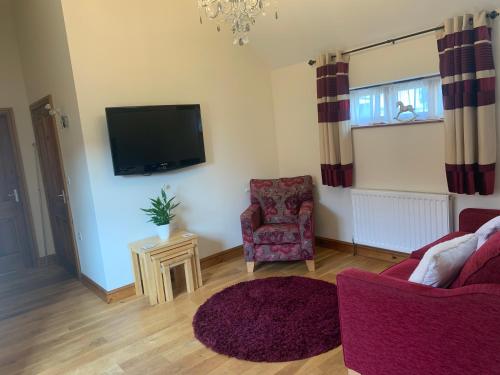 sala de estar con TV, sofá y silla en Meals Farm Holiday Cottages - The Stables en North Somercotes