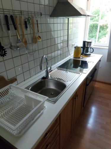 een keuken met een wastafel en een aanrecht bij Ferienwohnung in Bad Eilsen in Bad Eilsen