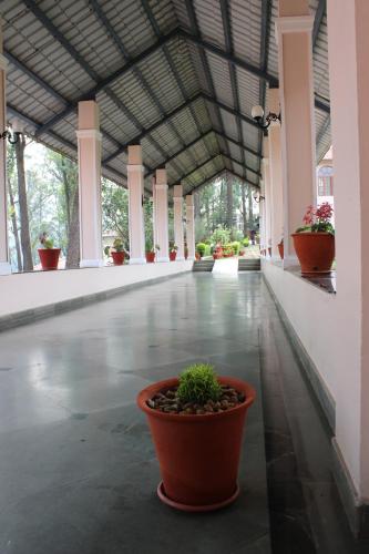 a large hallway with potted plants in a building at Tea county in Munnar
