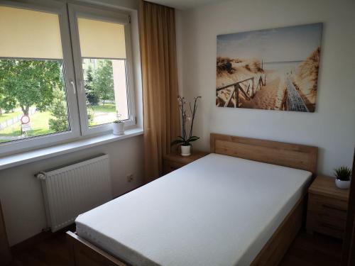 a bedroom with a white bed and two windows at Apartament Korczaka Centrum in Suwałki