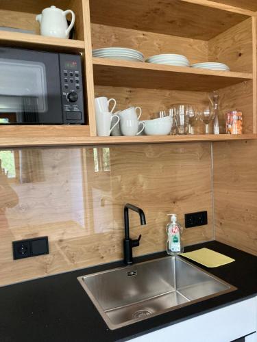 a kitchen counter with a sink and a microwave at Appartements Pichler in Sillian