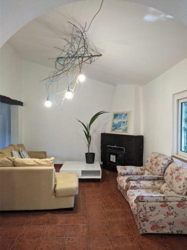 a living room with two couches and a fireplace at Estombar Novo in Estômbar
