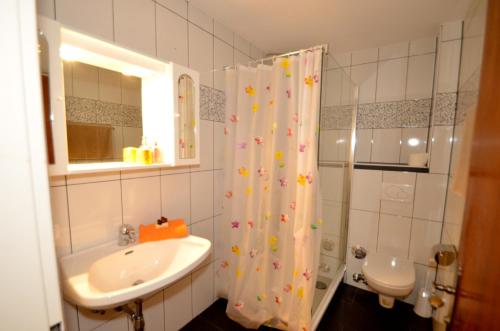 ein Bad mit einem Duschvorhang und einem Waschbecken in der Unterkunft LOW BUDGET Apartment Areit Lozano by Apartments Ged in Zell am See