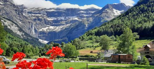 a view of a mountain range with red flowers at Hôtel Vignemale in Gavarnie