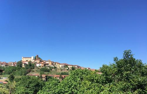 a town on top of a hill with trees at Villa Bacchus in Cortanze