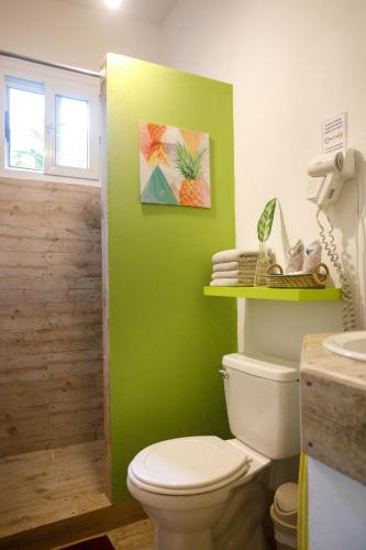 a bathroom with a toilet and a green wall at Kalawala in Puerto Viejo