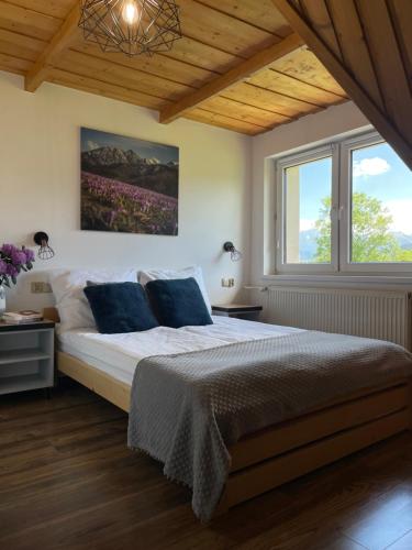 ein Schlafzimmer mit einem großen Bett und zwei Fenstern in der Unterkunft Pokoje Gościnne u Hanki in Bukowina Tatrzańska
