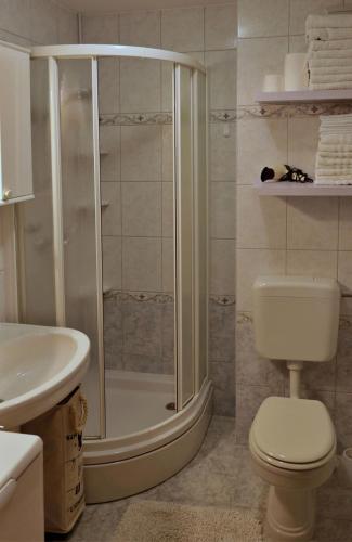 a bathroom with a shower and a toilet and a sink at Apartment Carole in Trogir
