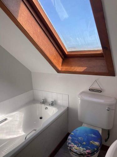 a bathroom with a bath tub and a toilet with a skylight at Immaculate 5 Bedroom House with Sea View in Stornoway