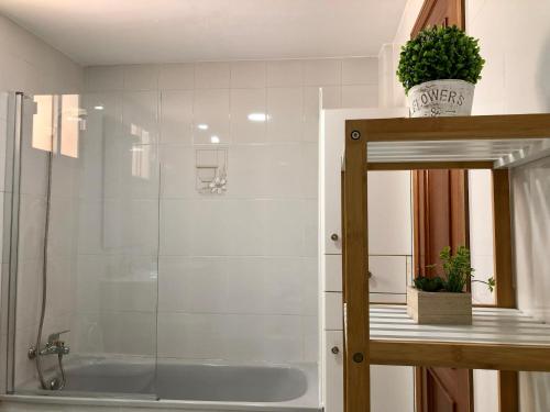 un bagno con doccia e vasca da bagno con specchio di APARTAMENTO CONVENTO ENCARNACIÓN ad Antequera